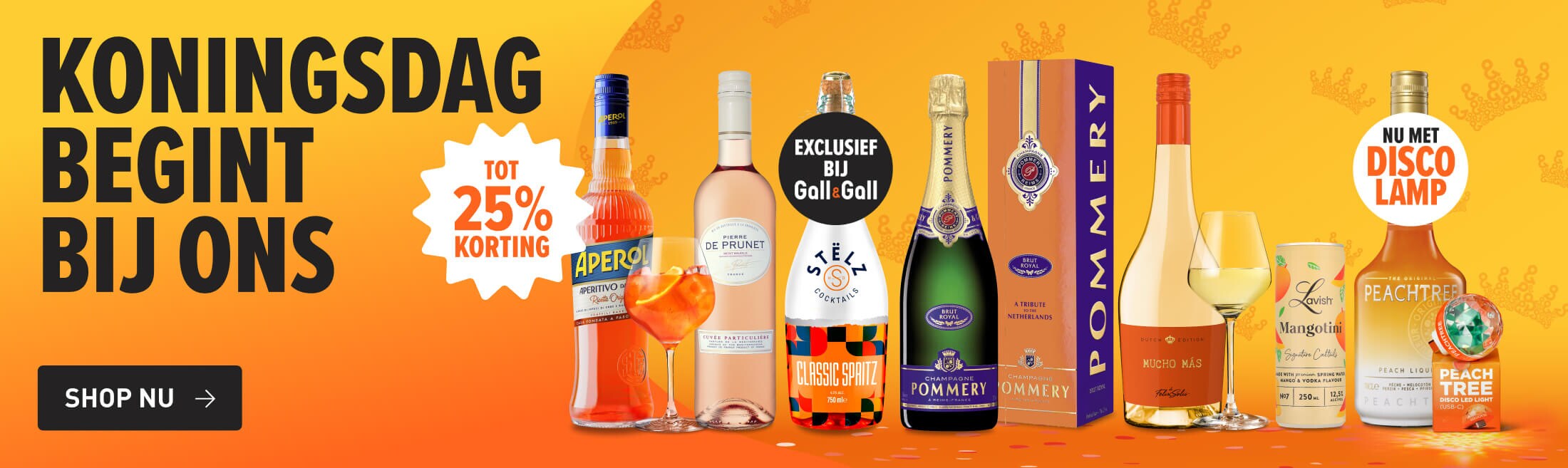 koningsdag begint bij ons! De lekkerste dranken tot 25% korting. Zoals de stelz 75cl exclusief verkrijgbaar bij gall & gall of de limited edition mucho mas of pommery. Of scoor peach tree nu met gratis discobal. 